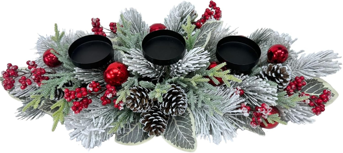 Svndlyn Christmas Candle Holder - 3 Candle Holders with Snow Flocked Pine Branches & Red Berries | Festive Table Centerpiece