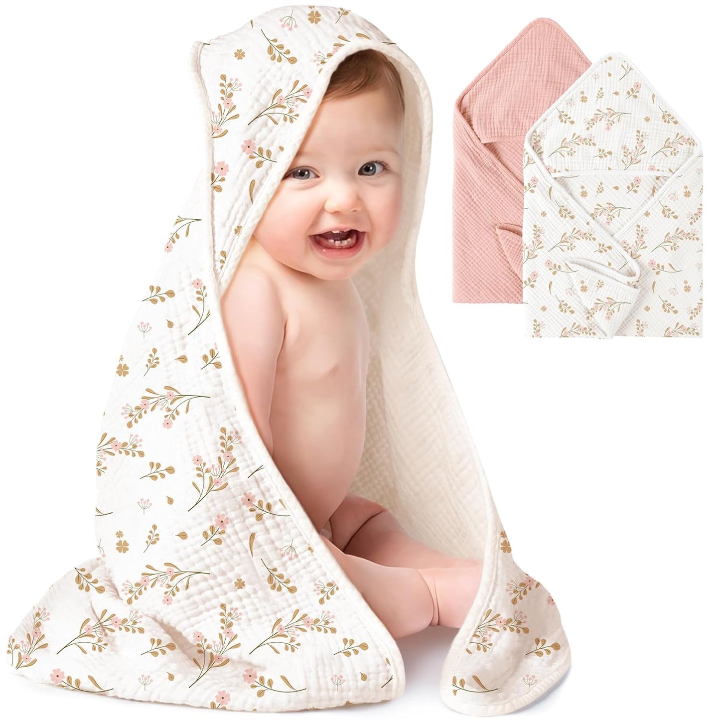 Konssy 2-Pack Muslin Hooded Baby Towels - Ultra-Soft & Absorbent Cotton Bath Towels for Newborns (Pink Floral, 32" x 32")