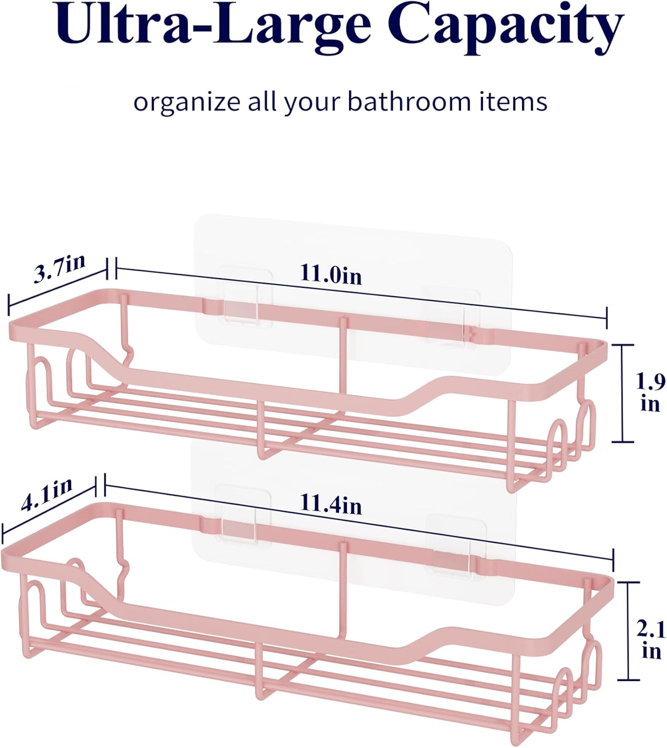 Kitsure Shower Caddy | Large Adhesive Organizer - Stainless Steel Shelf for No-Drill Bathroom Storage, 2 Pack, Pink