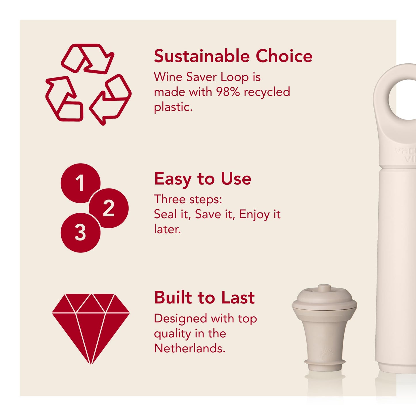 Vacu Vin Wine Saver Loop – Made in the Netherlands – Premium Vacuum Pump with Stopper – Airtight Seal Preserves Opened Wine Bottles up to 10 Days – Elegant & Durable – Sand