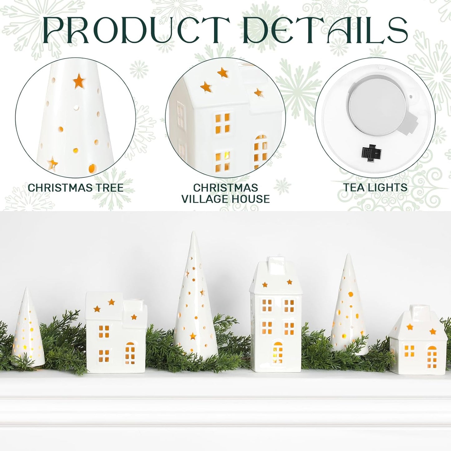 Newtay Ceramic LED Christmas Village Set - 3 Houses & 3 Trees for Festive Tabletop Decor | White Porcelain