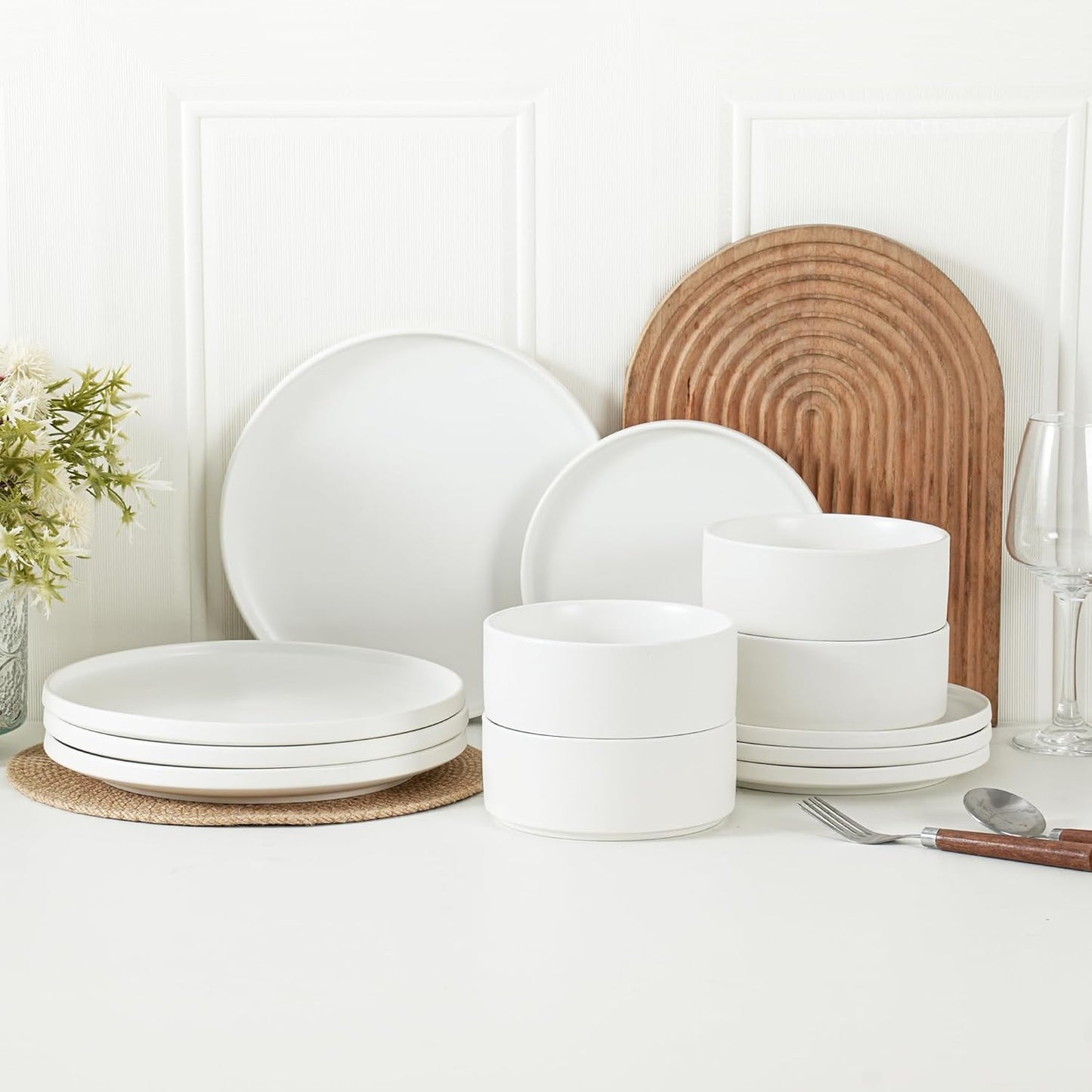 Skiennix 8-Inch Matte White Stoneware Plates - Set of 4, Microwave & Dishwasher Safe for Salads & Desserts