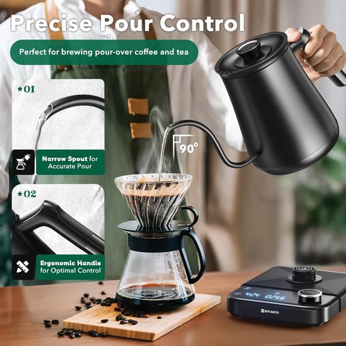 HIYAKOI Gooseneck Electric Kettle - ±1℉ Temperature Control for Perfect Pour Over Coffee & Tea | 0.8L Stainless Steel, 1200W Rapid Heating, 12H Keep Warm