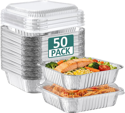NEEBAKE 50 Pack 8x8 Aluminum Pans with Lids - Disposable Foil Baking Containers for Cakes & Bread