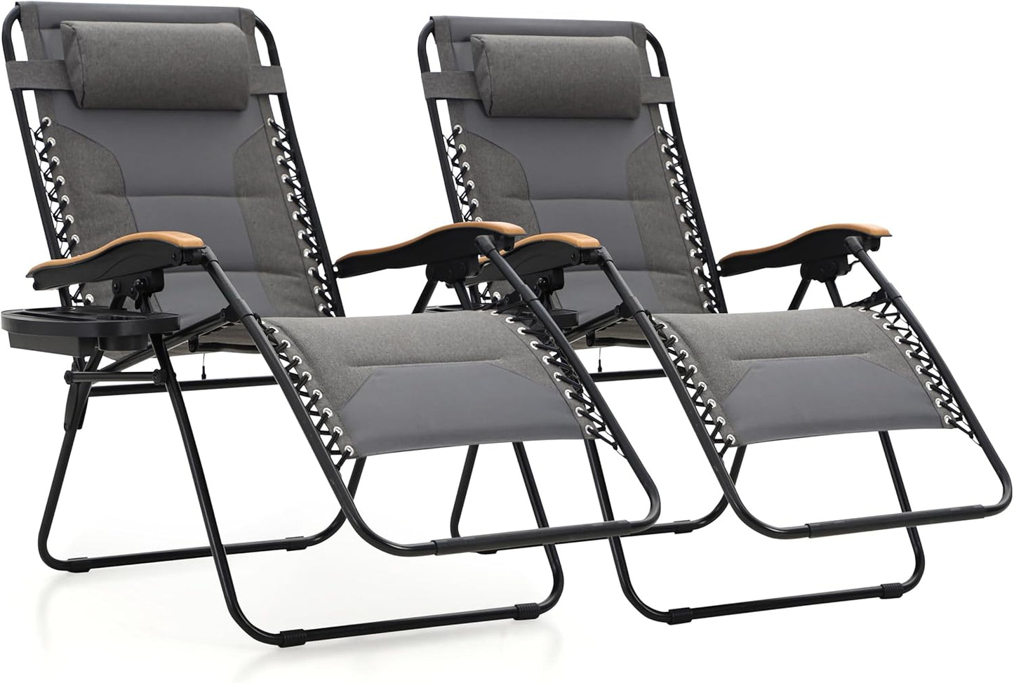 MAISON ARTS Oversized XXL Padded Zero Gravity Chair Set of 2 - 30" Wide Foldable Recliner | Supports 400lbs, Grey with Cup Holder & Pillow