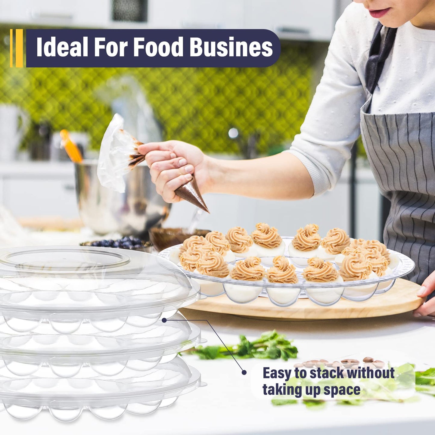 Shellwei 6Pcs Deviled Egg Platter with Lid Container Tray with 15 Slots Reusable Plastic Round Holder for Deviled Eggs, Fruits, Veggies, and Finger Foods 12 Inch