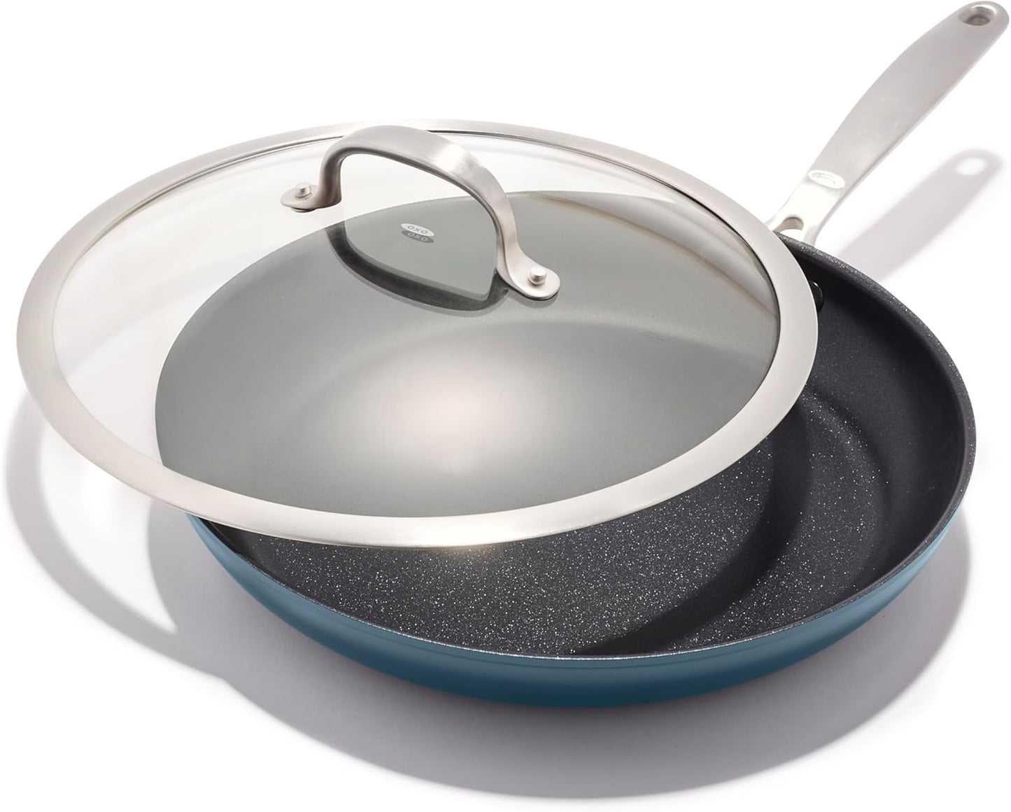 OXO 12” Nonstick Frying Pan Skillet - Durable Ceramic PFAS-Free Cookware with Lid, Storm Blue