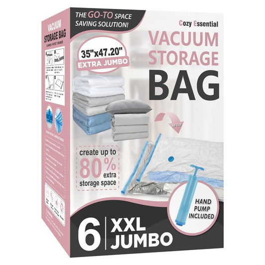 Cozy Essential Vacuum Storage Bags, 80% Compression Vacuum Seal Space Saver Plastic Packaging Bags for Clothes, Blankets, Pillow, Bedding, Comforters, Sealer Clothing Storage,6 XXL Jumbo