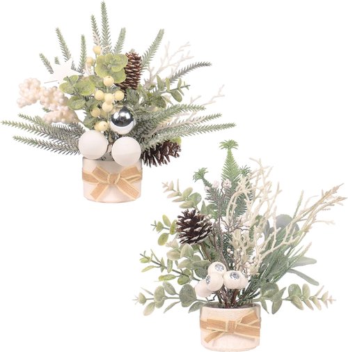 JJIALEIXI Mini Christmas Tree Set - 11" Artificial Potted Tabletop Decor for Holiday & Winter Celebrations | White/Green/Silver