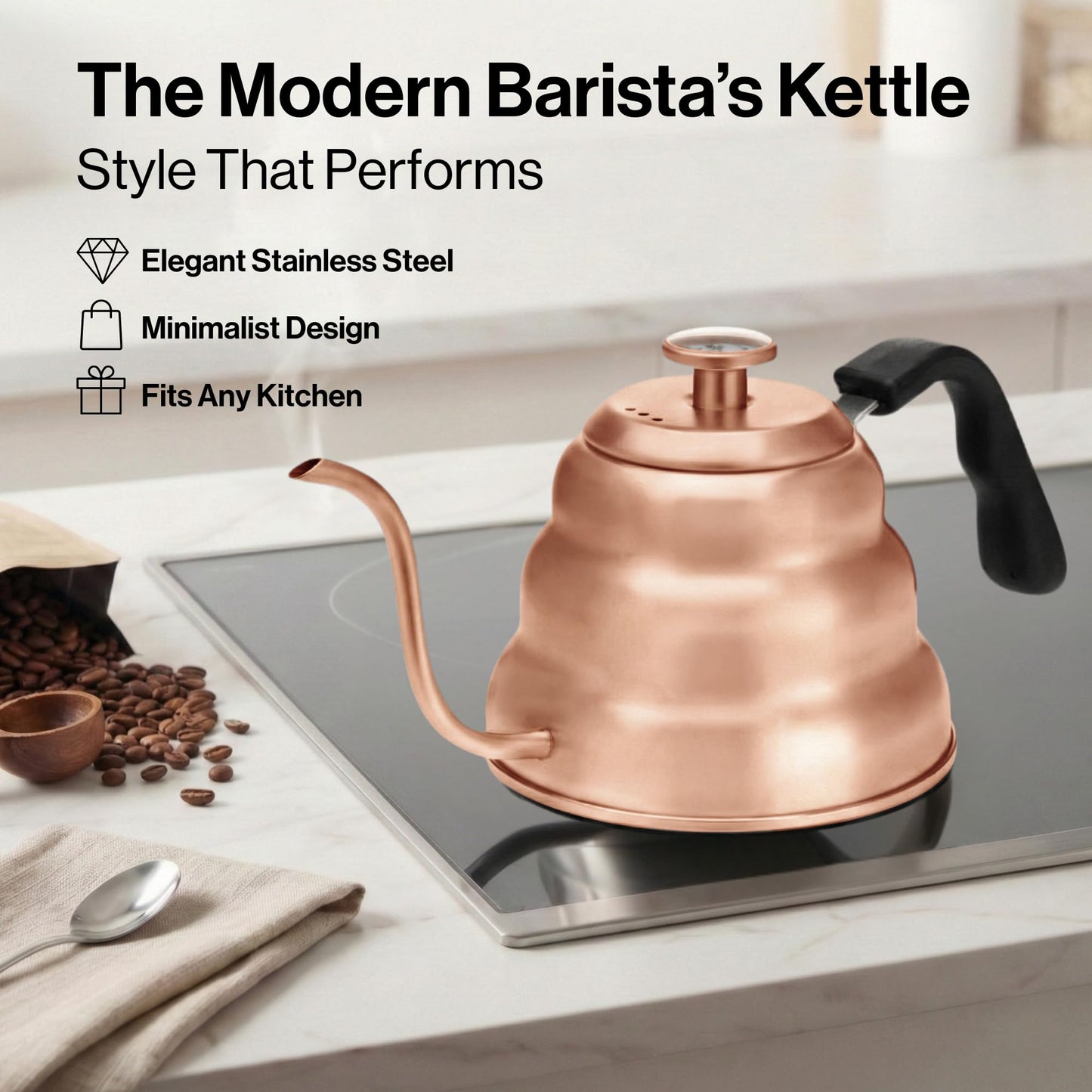 Barista Warrior Gooseneck Kettle with Thermometer - 1.2L Pour Over Coffee & Tea Kettle, Copper Coated Stainless Steel Gooseneck Kettle Pot, Precision Pour Drip Spout, Suitable for All-Stoves (40 floz)