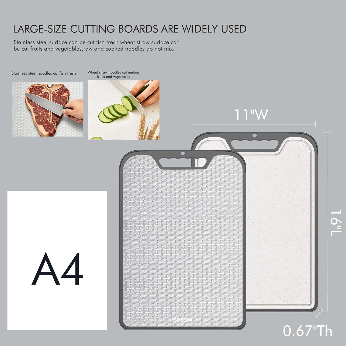 SUS304 Stainless Steel & Wheat Straw Cutting Board - 2-in-1 Double Sided, Non-Slip | 16"x11" Dishwasher Safe