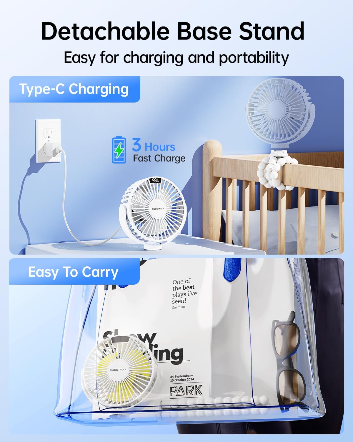 SWEETFULL Portable Stroller Fan - 4-Speed Rechargeable Mini Clip-On Fan with LED Display | 360° Rotation, White