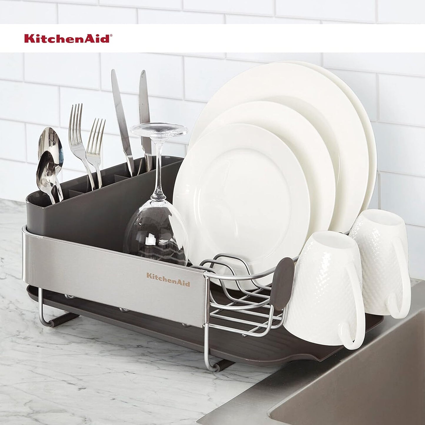 KitchenAid Dish Rack - Compact & Space-Saving Rust Resistant Design | Removable Caddy, 16.06-Inch, Black