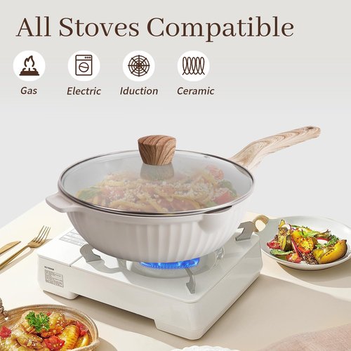 Cuisinluv Pots and Pans Set Non Stick, 17Pcs Kitchen Cookware Sets, Granite Stone Induction Cookware Non Stick Cooking Set w/Frying Pans, Saucepans, Sauté Pan (PFOA Free), Cream White