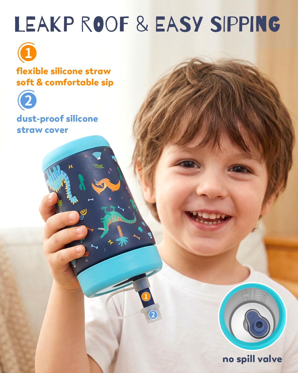 Zukro 12 oz Kids Insulated Stainless Steel Tumbler with Flexible Straw, Spill Proof Double-wall Toddlers Cup with Tritan Lid for Travel or At Home, BPA Free, Non-slip - Dinosaur & Unicorn