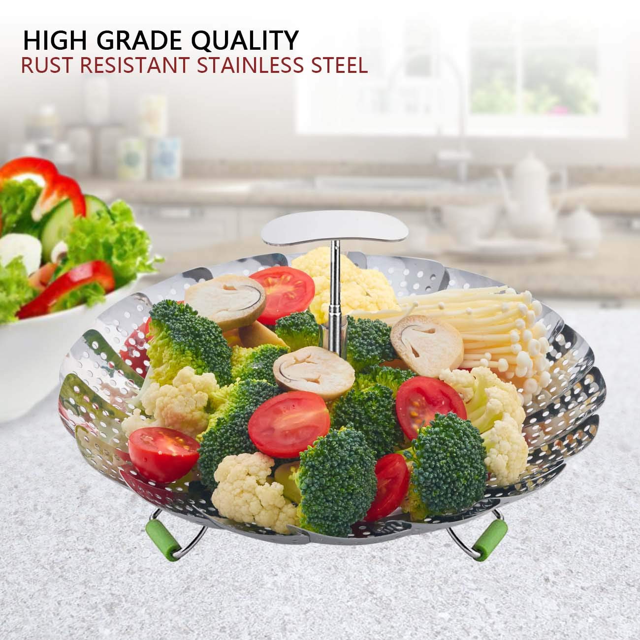 LHS Steamer Basket, Stainless Steel Vegetable Steamer Basket Insert for Veggie Fish Seafood Cooking, Expandable to Fit Various Size Pot (7.5" to 11.4") L