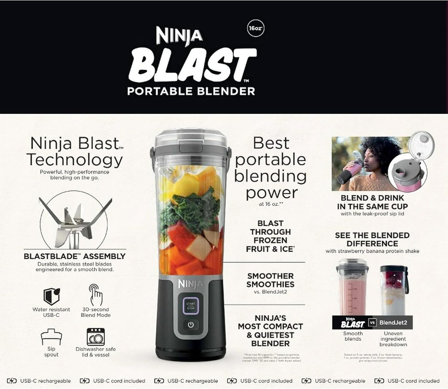 Ninja Blast Portable Blender - 16 oz. Cordless, USB-C Rechargeable, Leak-Proof Lid | Perfect for Smoothies (Black)