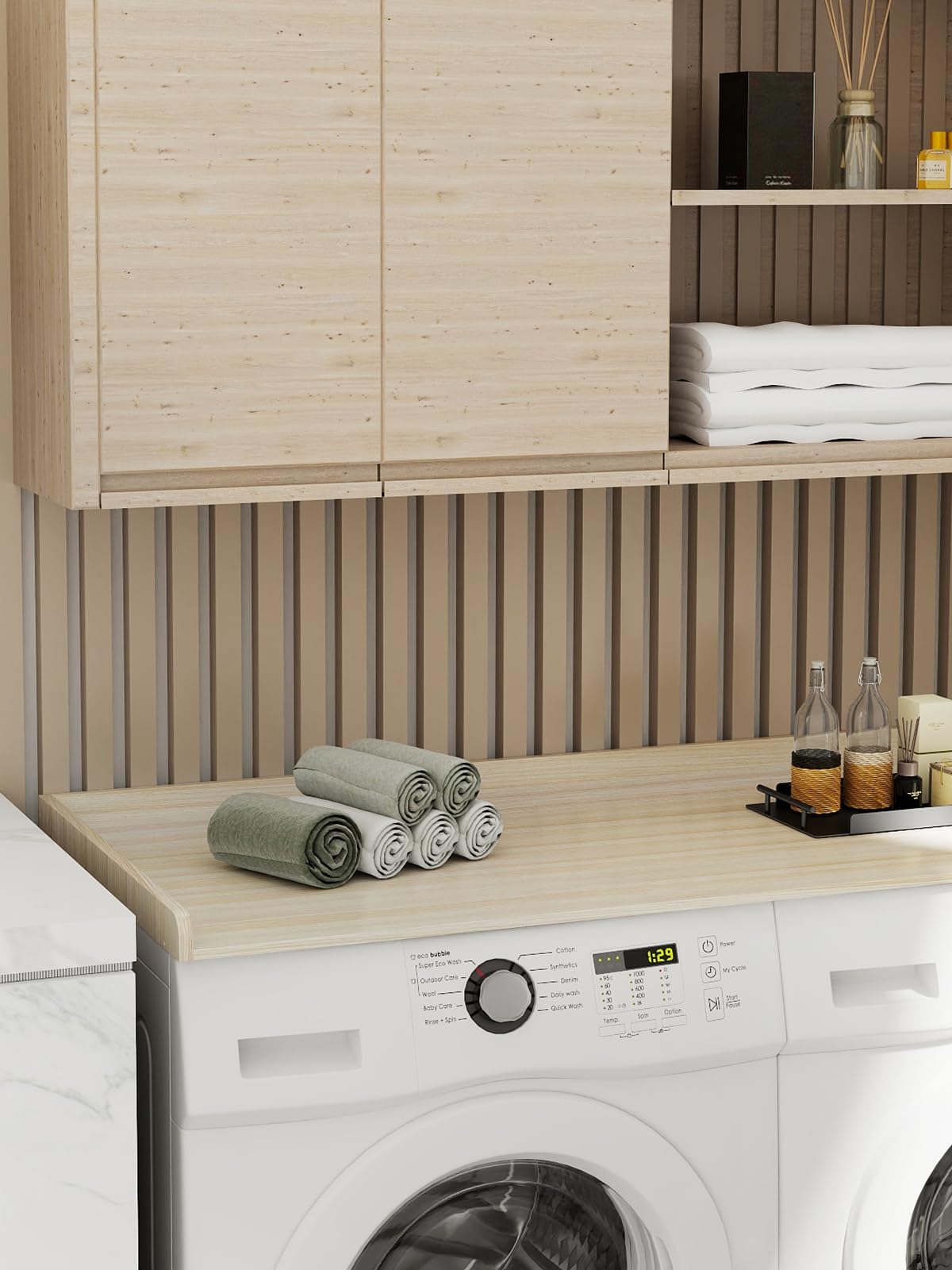 Toemics Washer Dryer Countertop, 27.5" x 54" Laundry Room Organization Shelf with Edge Rails for Washer and Dryer, Durable Melamine Finish, Non-Slip Pads, and 3 Laundry Bags, Oak