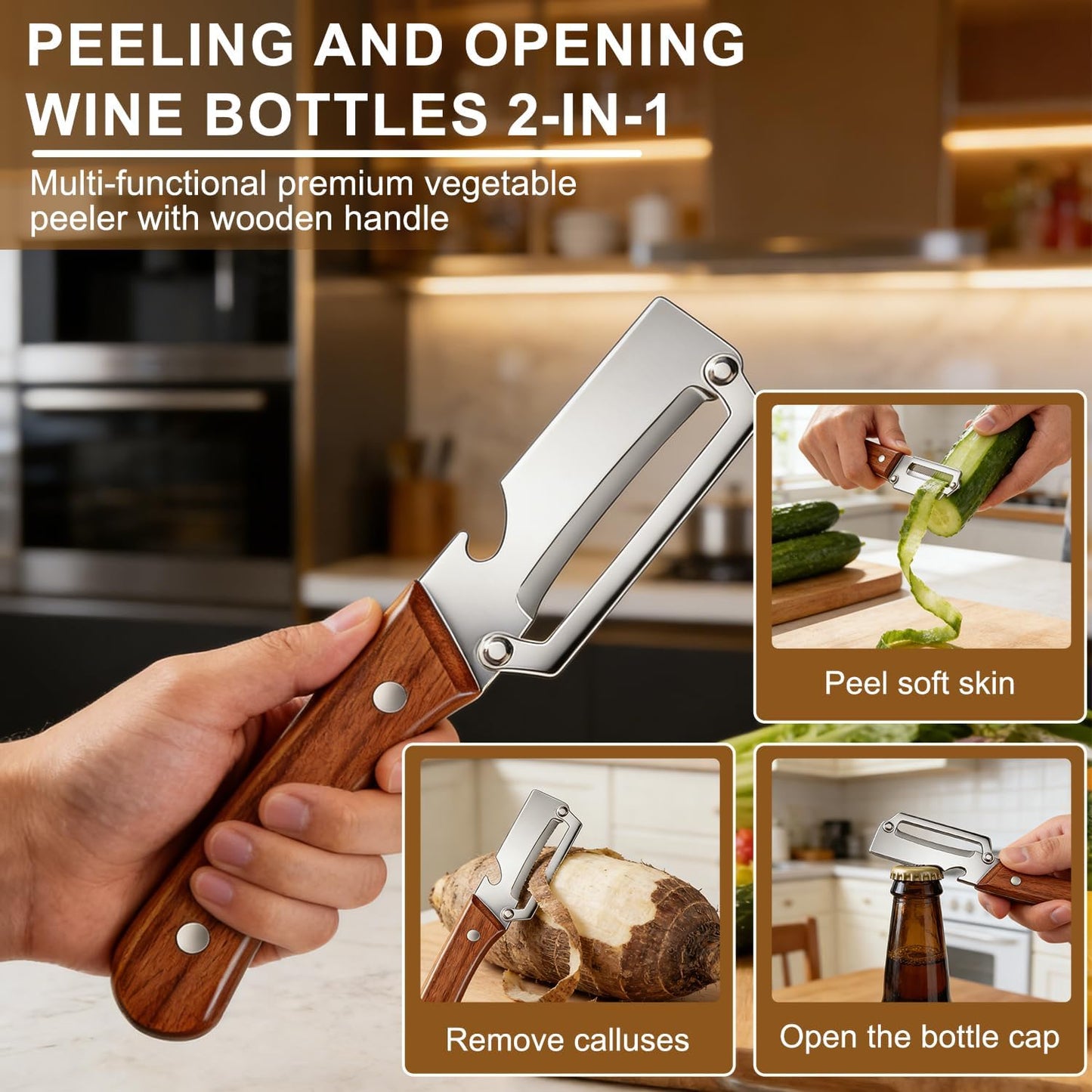 Skiennix Premium Vegetable Peeler Set - 2PCS Multi-Functional Kitchen Tool with Wooden Handle & Stainless Steel Blade
