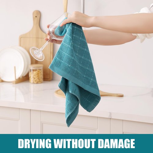 Homaxy 100% Cotton Terry Kitchen Towels(Lake Blue, 13 x 28 inches), Checkered Designed, Soft and Super Absorbent Dish Towels, 8 Pack
