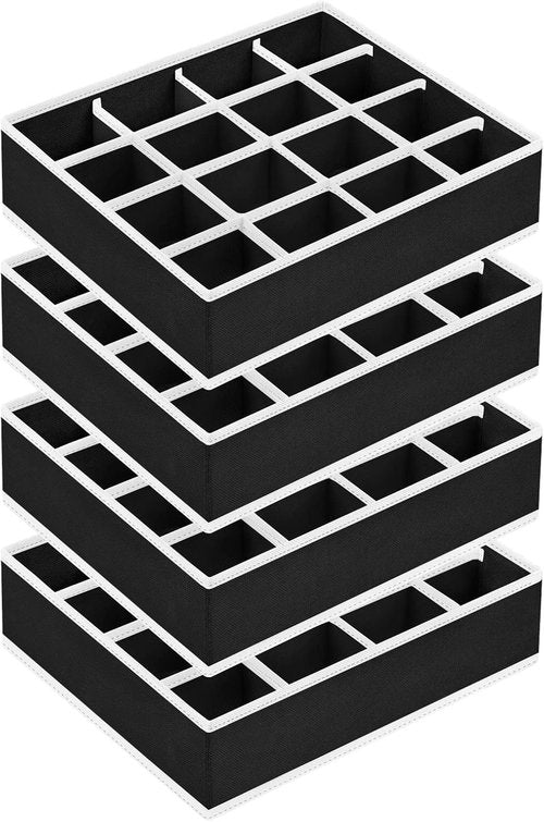Homsorout Sock Organizers - 64-Cell Fabric Drawer Dividers for Socks & Ties | 4-Pack Black