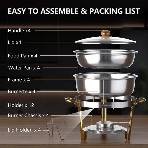 AurumPot Chafing Dishes for Buffet 4 Pack, 6QT Stainless Steel Round Chafing Dish Buffet Set for Parties, Wedding, Christmas Gatherings, Catering Events[Visible Glass Cover] Buffet Servers and Warmers