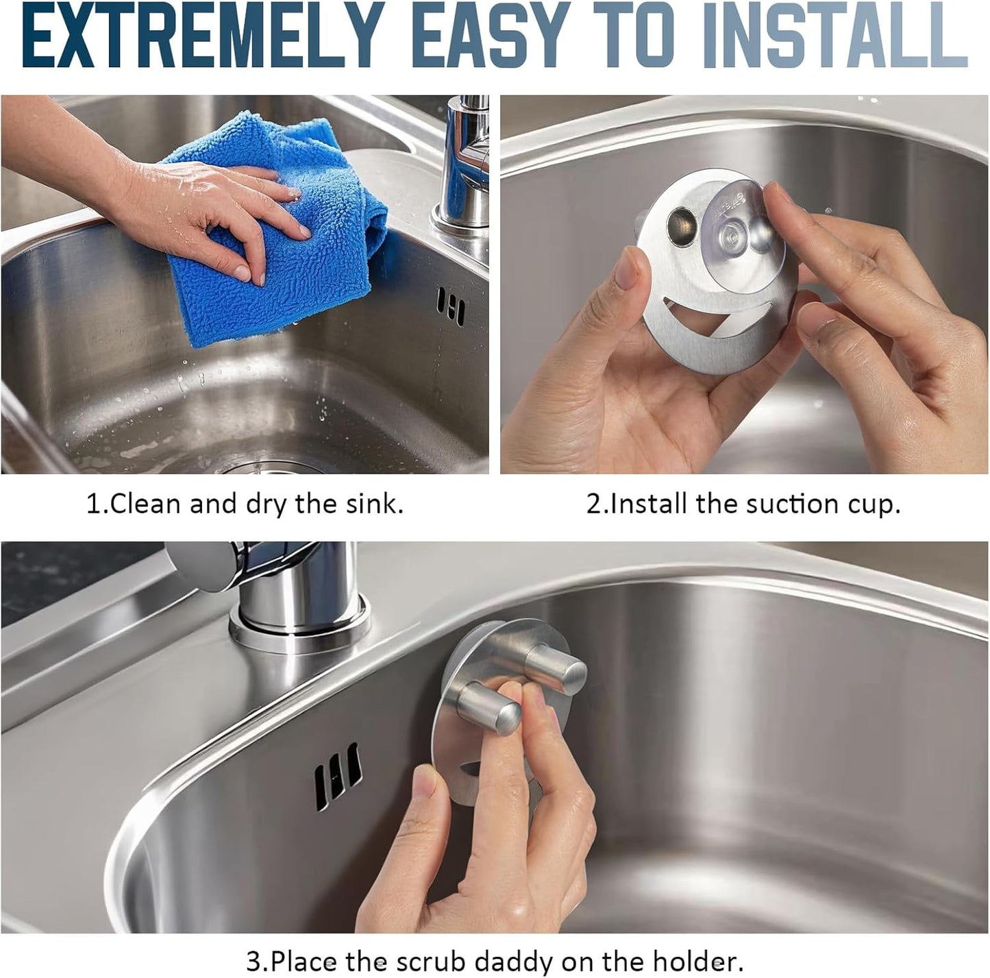Yoshiky Stainless Steel Smiley Face Sponge Holder - Silver Sink Caddy with Suction Cup for Kitchen Storage