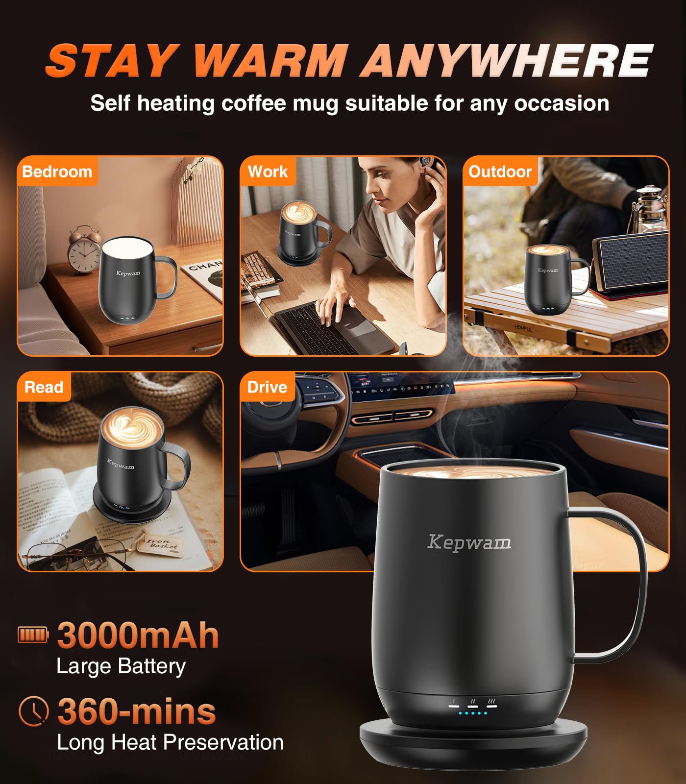 Kepwam Self Heating Coffee Mug T2, 16oz Smart Heated Coffee Mug, 150 Min Battery Life - Hot up to 149℉ Temperature Control Coffee Mug Warmer, Gifts for Dad Mom (No APP)