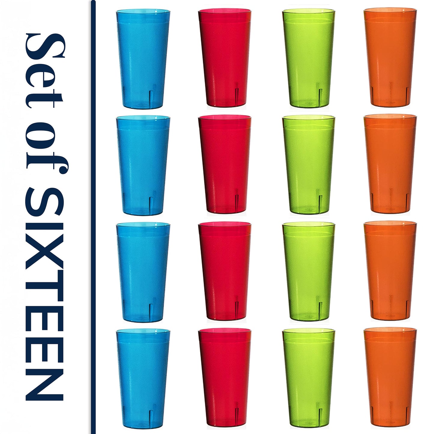 US Acrylic Cafe Plastic Reusable Tumblers (Set of 16) 20-ounce Water Cups Assorted Colors | Restaurant Style Drinking Glasses Value Set, Stackable, BPA-free, Made in the USA | Top-rack Dishwasher Safe
