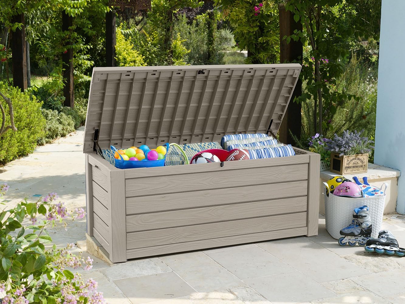 Keter Westwood 150 Gallon Resin Outdoor Storage Box - Ideal for Patio Furniture, Cushions & Tools | Beige