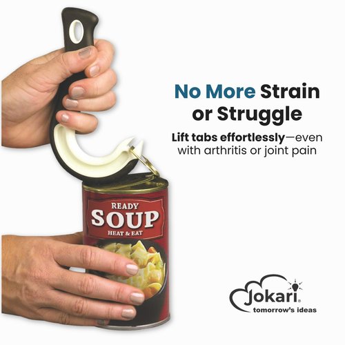 Jokari Ring Pull Can Opener for Soda and Food Cans Arthritis Aid with Non Slip Grip for Seniors Kids and Nail Protection Manual Pull Tab Tool for Easy Open Cans Black Dishwasher Safe