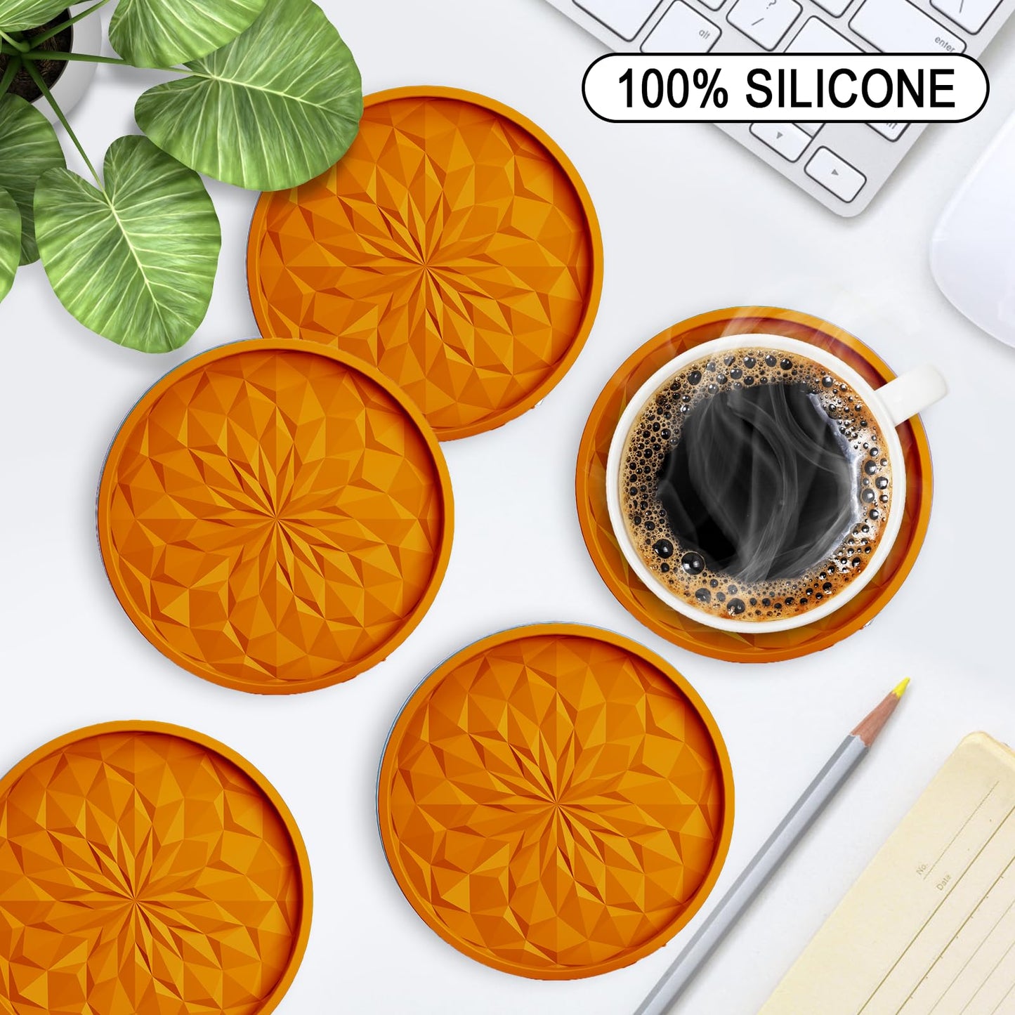 ME.FAN Silicone Coasters with Holder,[6 Pack] Drinking Coasters - Cup Mat for Hot or Cold Drinks, Thickened, Non-Slip, Non-stick,Deep Tray Orange