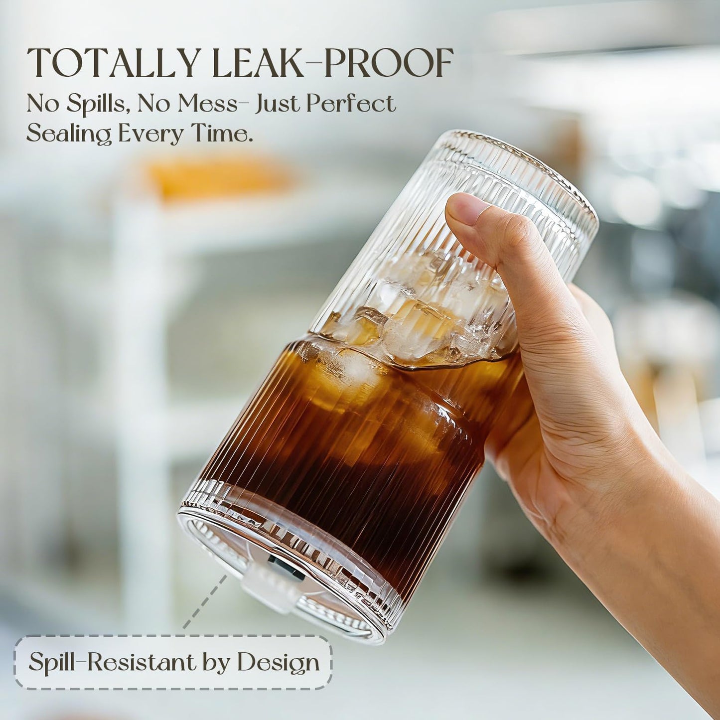 KEMORELA 20 oz Ribbed Glass Tumblers - Vintage Iced Coffee Cups with Lids & Straws | Reusable Clear Glassware