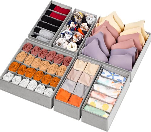 Criusia Sock Organizer - 6 Pack Foldable Drawer Dividers for Clothing Storage | Grey Fabric Bins