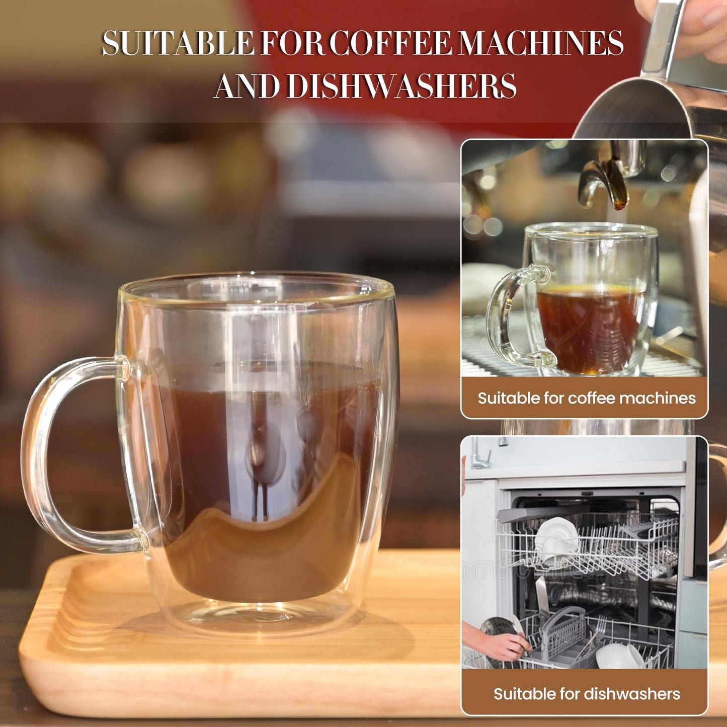 YUNCANG Double Wall Coffee Mugs, (4-Pcak) 16 Ounces-Clear Glass with Handle,lnsulated,Cappuccino,Tea,LatteCups,Beverage Glasses Heat Resistant