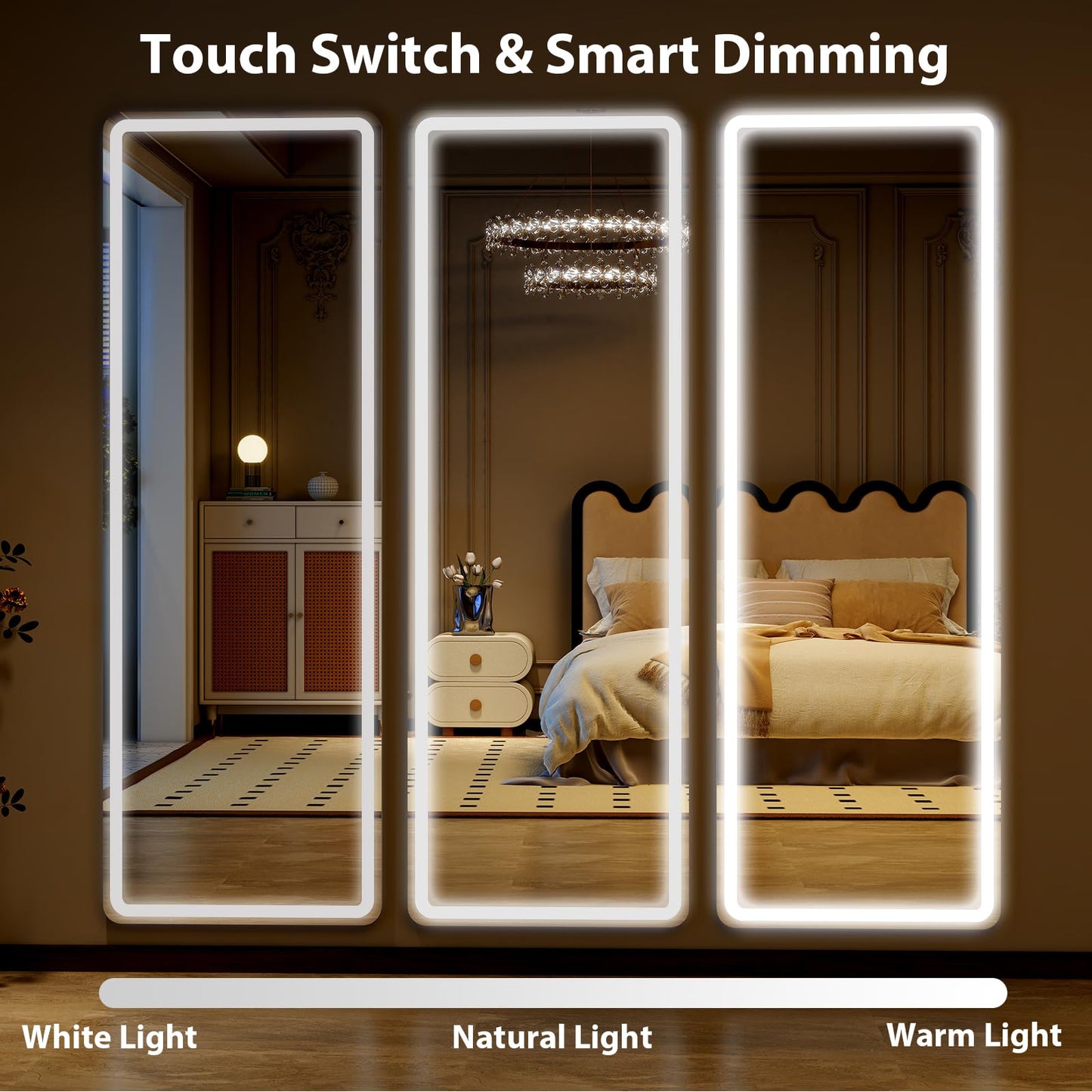WISSMIELS Full Length Mirror with LED Lights, LED Mirrors Full Length Floor Mirror Full Body Mirror for Bedroom Wall Mounted Free Standing (Rectangle, 48" L×16" W)