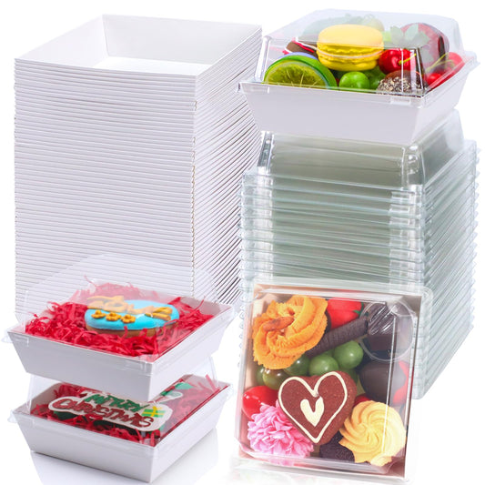 RomanticBaking 100 Pack 4x4x2.55 Inches Charcuterie Boxes with Clear Lids - Bakery, Cookies, Chocolate Covered Strawberries, Mini Cake, Pie, Cinnamon Roll Treat Boxes for Parties