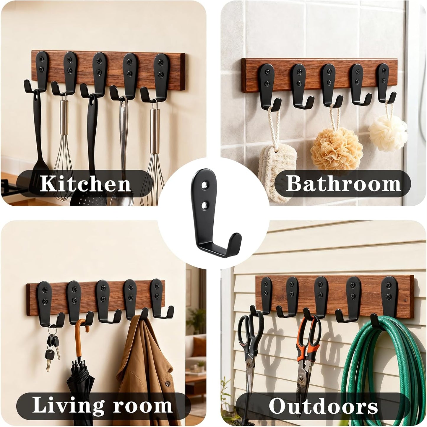 Skiennix Heavy-Duty Stainless Steel Hooks - Wall Mount Key Holder & Coat Hanger, 8 Pack (Black)