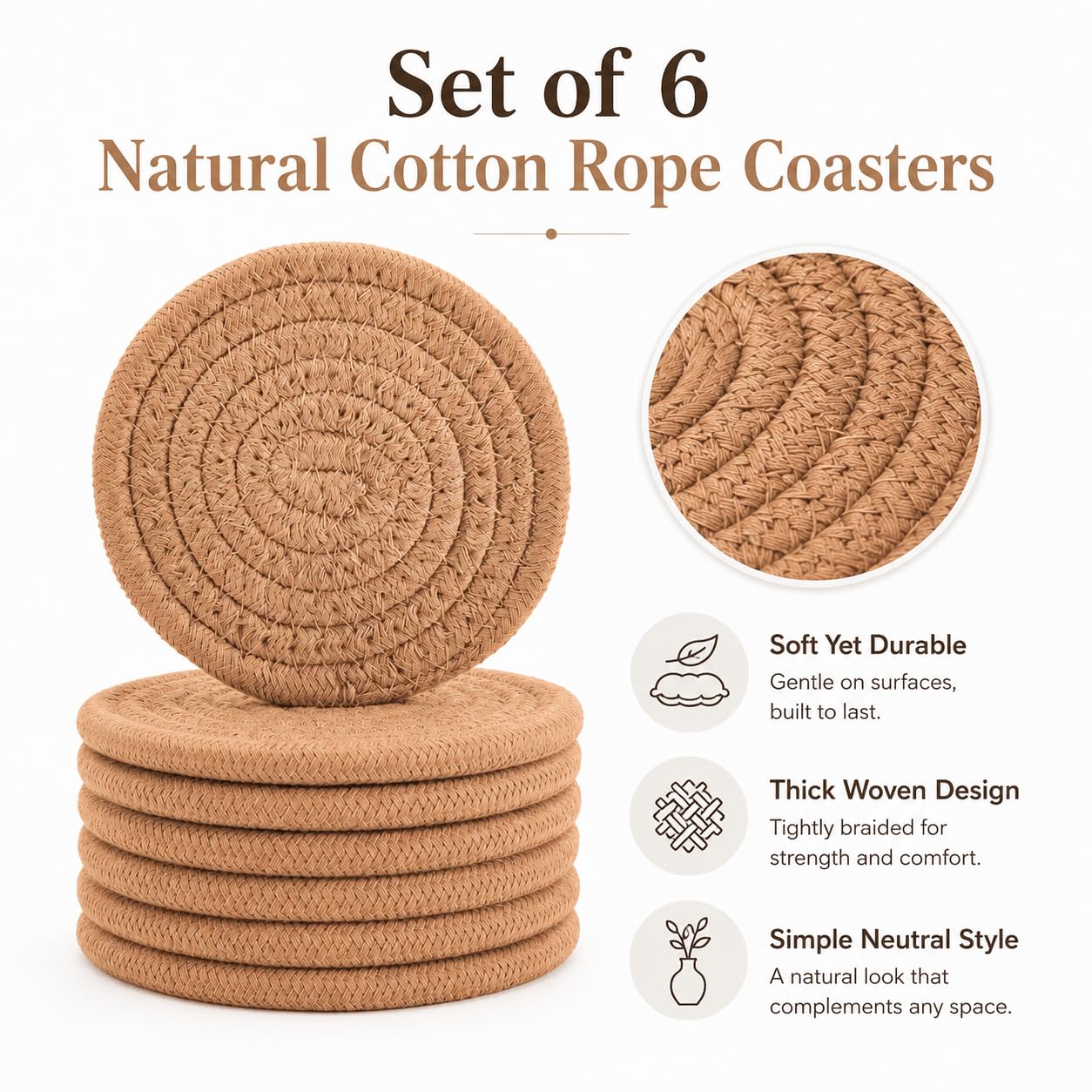 ABenkle Woven Coasters for Drinks Set of 6, Boho Absorbent Drinking Coaster, 4.3 Inch - Perfect Housewarming Gift, Home Decor, Bar Essentials for Coffee Table