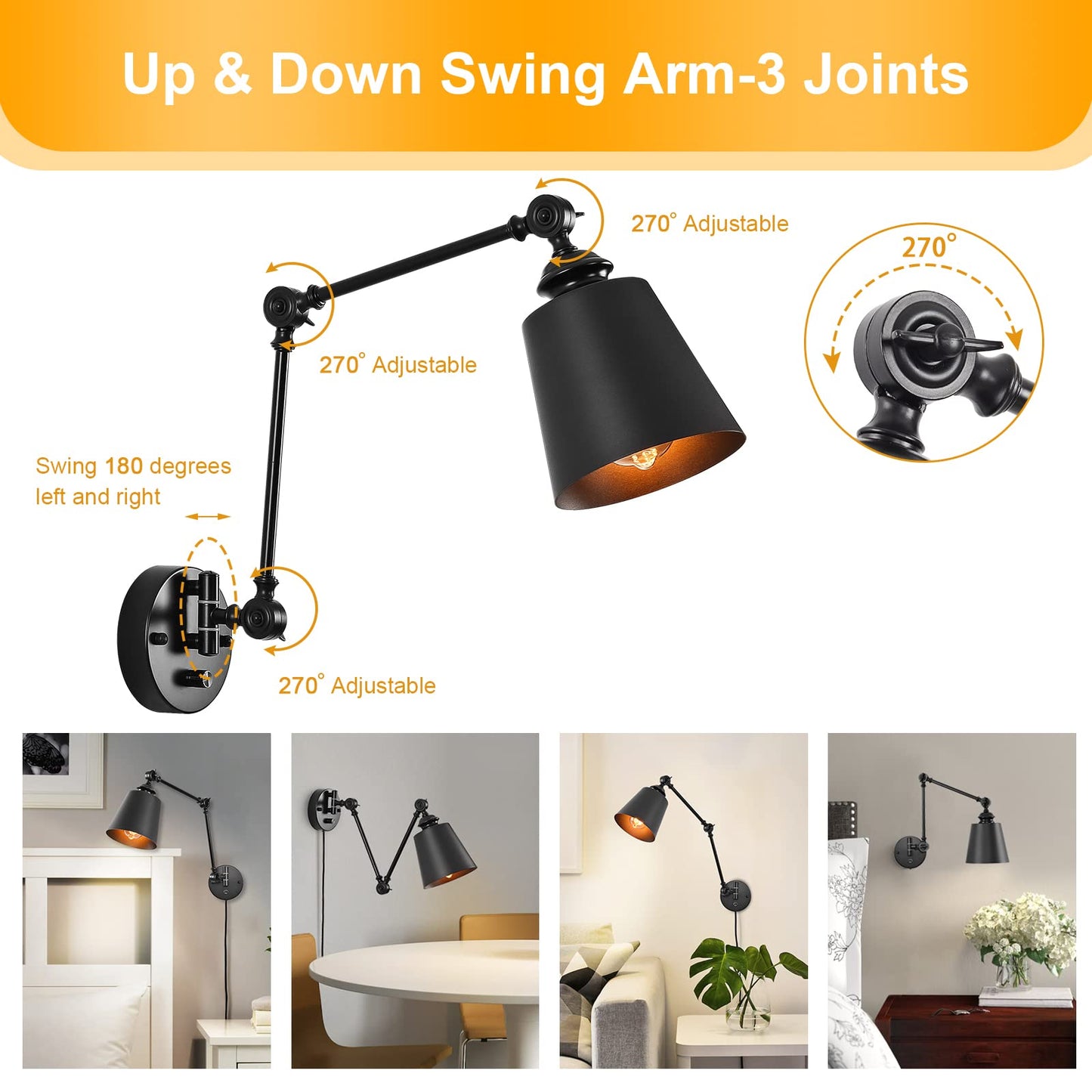 HOXIYA DIMMABLE Swing Arm Plug in Wall Lamps Set of 2, Plug-in Wall Sconce with Dimmer Switch Cord, Matte Black Metal Industrial Reading Light Fixture Wall Mounted for Bedside Bedroom Living Room