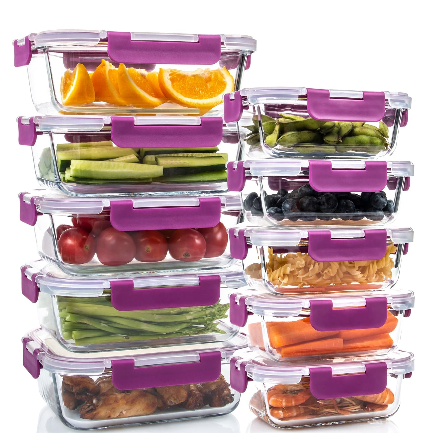 UMEIED 10 Pack Glass Food Storage Containers with Lids, Leakproof Airtight Glass Meal Prep Containers For Lunch, On The Go, Leftover, Dishwasher Safe