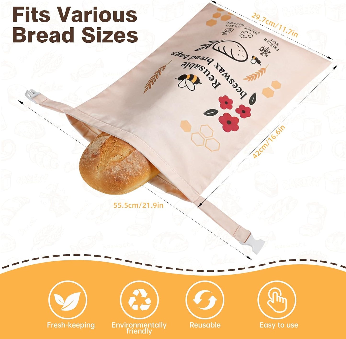Skiennix XL Reusable Beeswax Bread Bags - Organic Cotton for Sourdough Baking | 2 Pack for Fresh Food Storage
