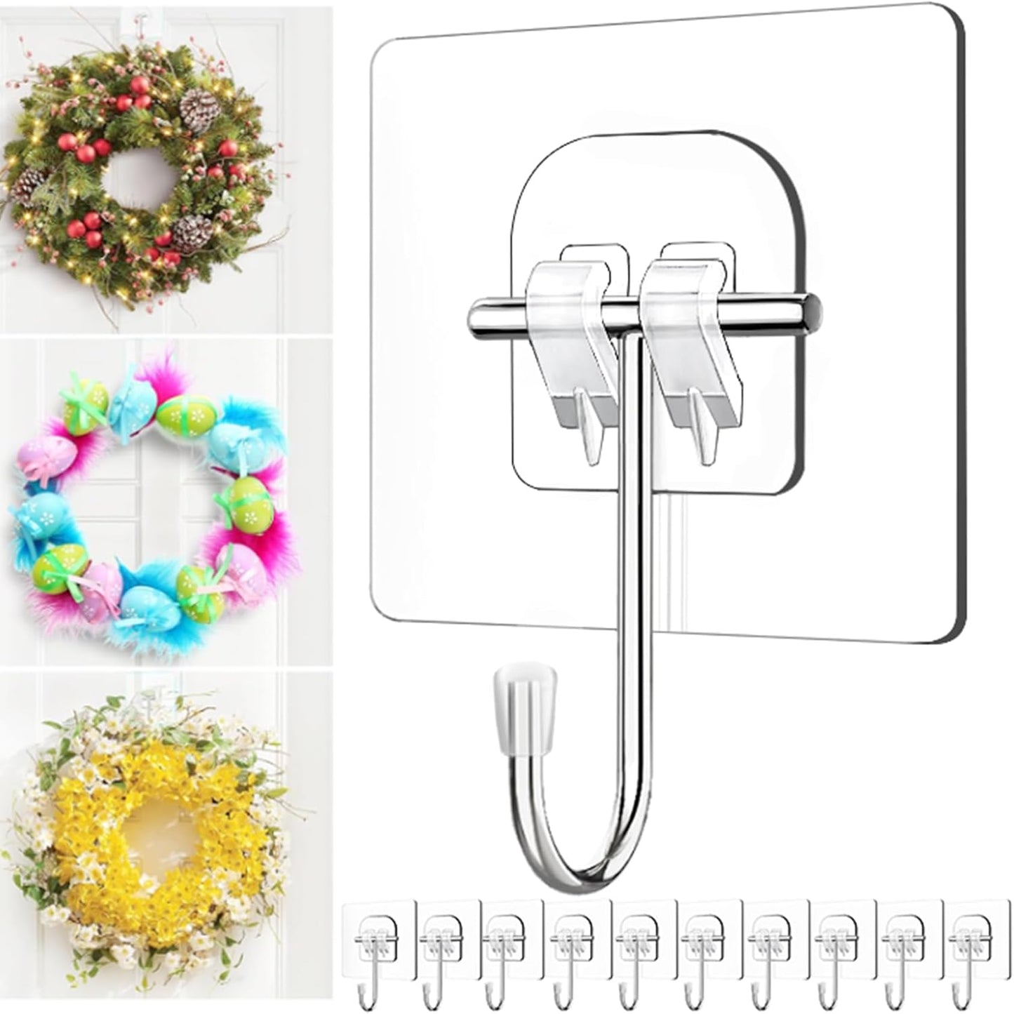 Skiennix Large Clear Wreath Hanger - 60lb Over-The-Door Hook for Easter & Christmas Decor