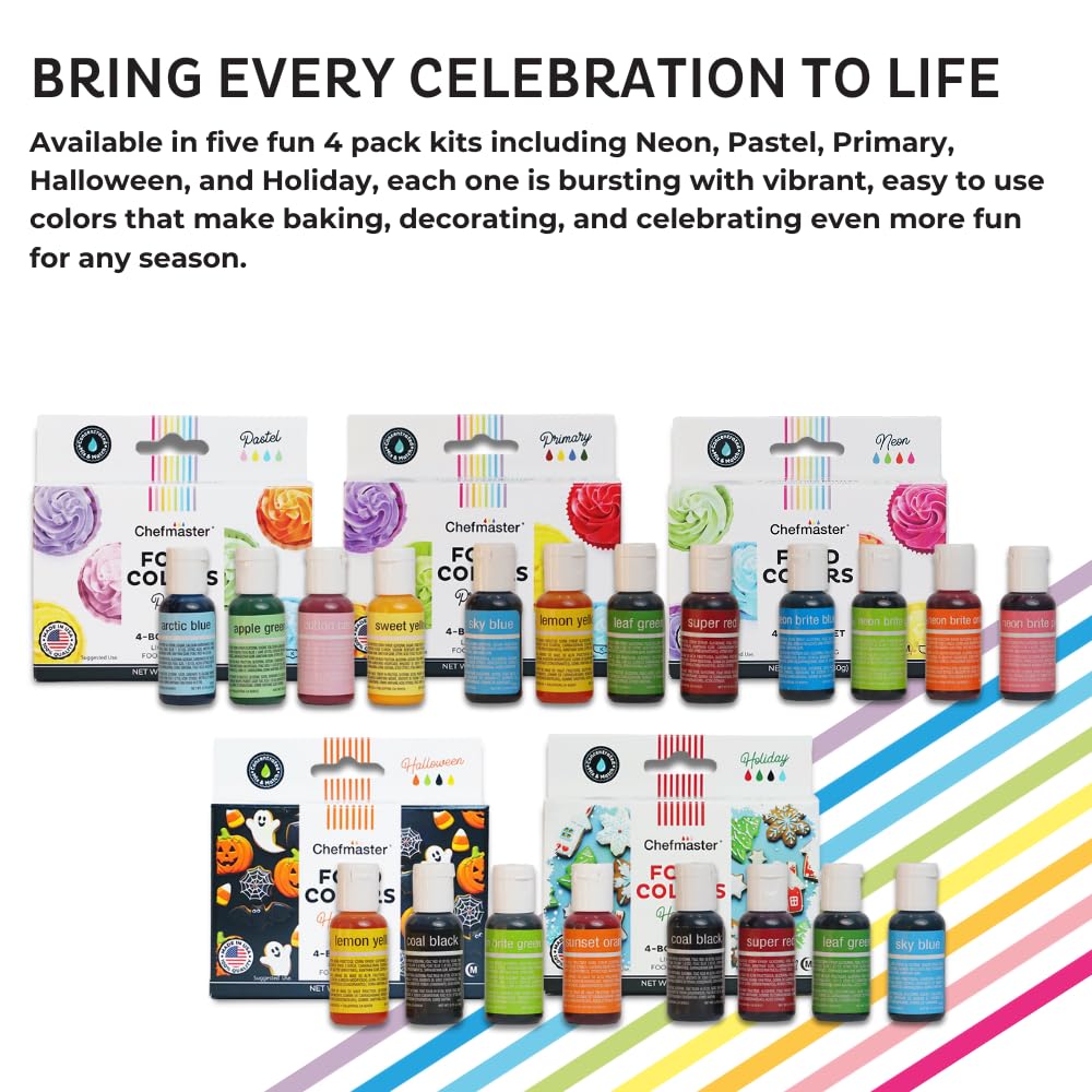 Chefmaster 4-Bottle Set of Neon Food Coloring, Liqua-Gel® Vibrant Colors, Professional-Grade Dye for Easter Eggs, Icing, Frosting, Fondant, & Batters, Fade-Resistant, Made in USA, 0.67 oz