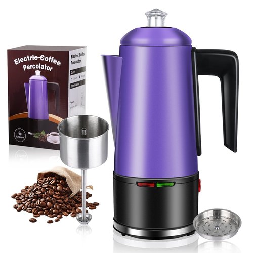 HOMOKUS Electric Coffee Percolator 12 CUPS Percolator Coffee Pot Stainless Steel Percolator Coffee Maker with Clear Knob Cool-touch Handle Auto Keep Warm Function (Purple)