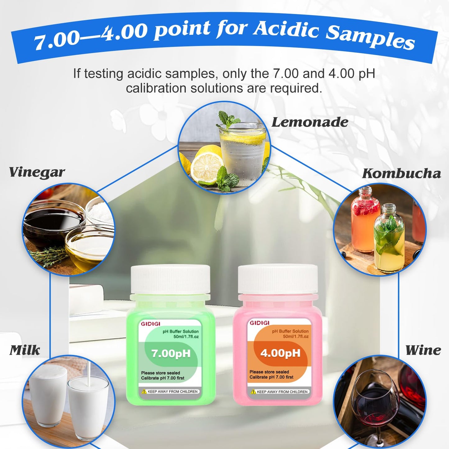 pH Calibration Solution Kit (4,7,10 pH Buffer Solution) & pH Electrode Storage Solution 3 * 50ml pH Buffer Calibration Solution + KCl pH Probe Storage Solution for All pH Meters with High Accuracy