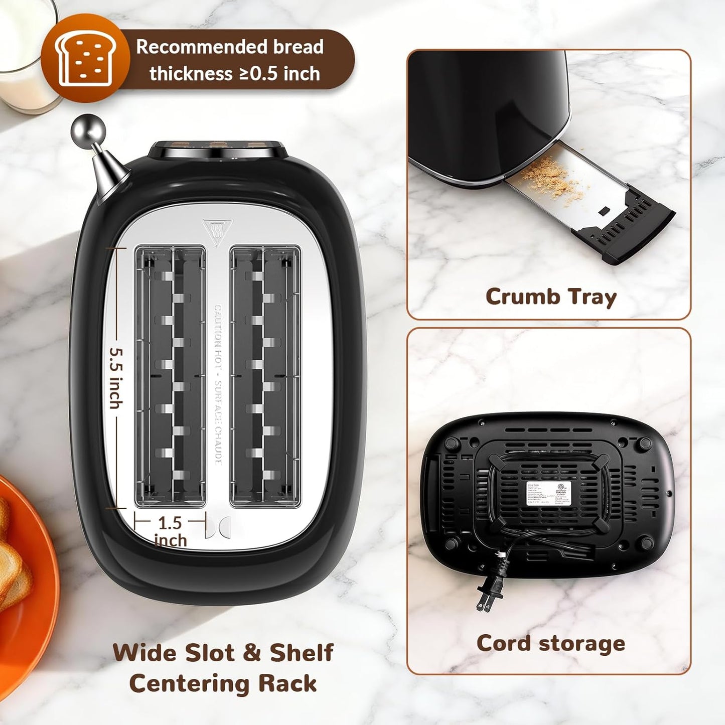 Mecity 2-Slice Toaster - Touch Screen Retro Design for Bagels & Muffins | Jet Black, 120V 825W