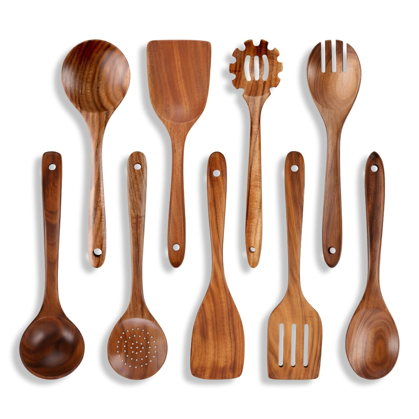 Sizle Masters 9-Piece Wooden Spoons for Cooking – Premium Teak Wood Utensil Set – Ergonomic Comfort-Grip Wood Tools Non-Stick Cookware Safe Easy to Clean Heat Resistant