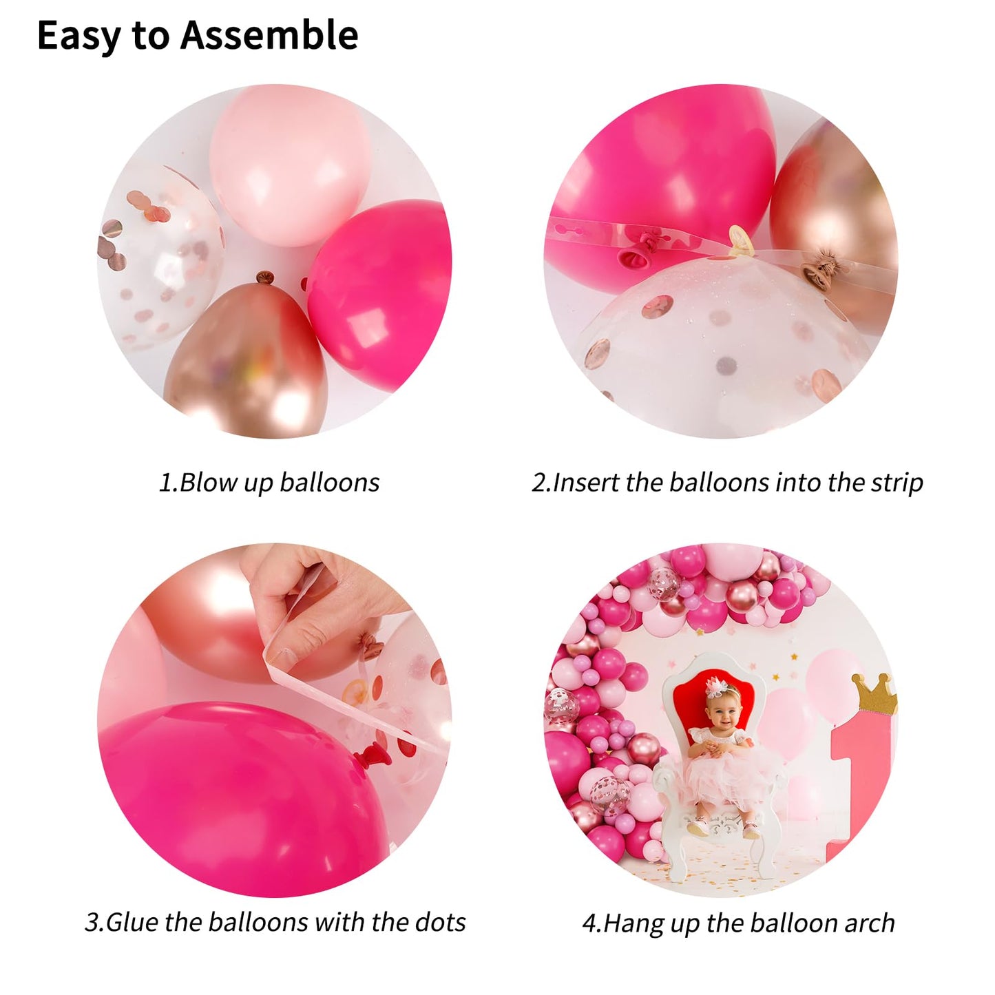 RUBFAC 160pcs Pink Balloon Arch Garland Kit, Hot Pink Rose Gold Metallic Confetti Balloons for Birthday Baby Shower Princess Theme Party Wedding Background Decorations