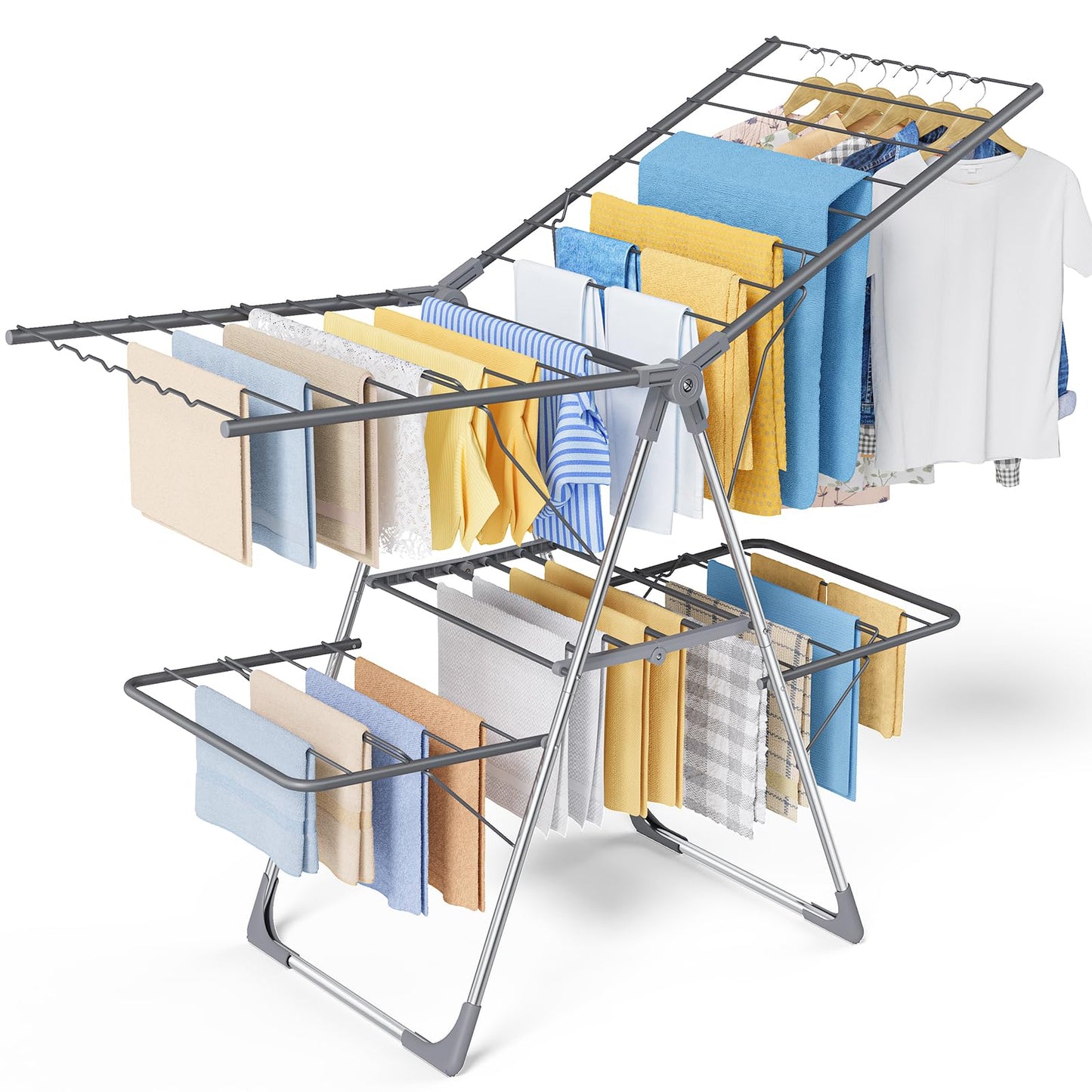 Sakugi Clothes Drying Rack, Foldable 2-Level Laundry Drying Rack with Height-Adjustable Wings, for Clothing & Bedding, Free-Standing Space-Saving Rack, Indoor & Outdoor, 55.5" L × 22.8" W, Gray
